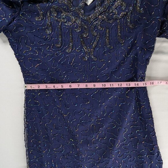 VTG Blue Silver Silk Beaded Short Sleeve Detailed Neckline Formal Evening Dress - Picture 5 of 7